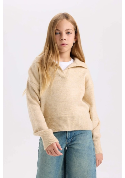 DeFacto Kız Çocuk Polo Yaka Basic Düz Triko Kazak C9667A824WNBG588 Bej