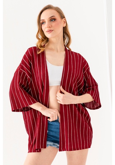 Giysa Kadın Yarım Kol Çizgili Bürümcük Kimono Bordo - 254406 Bordo