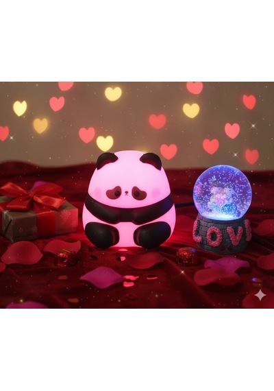 2 Li Sevgiliye Romantik Hediye Seti Slikon Panda Renkli Led Gece Lambası Ve 9 Cm Love Kar Küresi Set Pembe