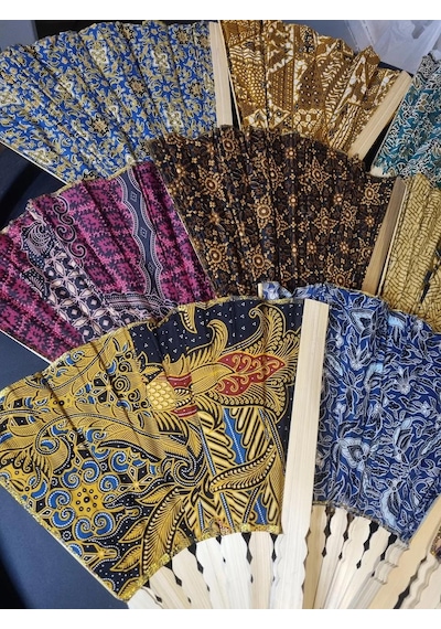 Endonezya Batik Kumaş Bambu Ahşap Yelpaze 27 Cm El Yapımı Vintage Japon El Fanı Büyük Boy 2 Adet