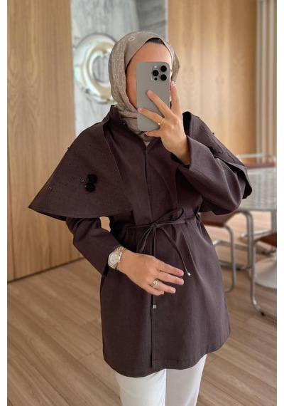 Kahijab Gül Detaylı Omuz Pelerinli Trençkot - Kahverengi
