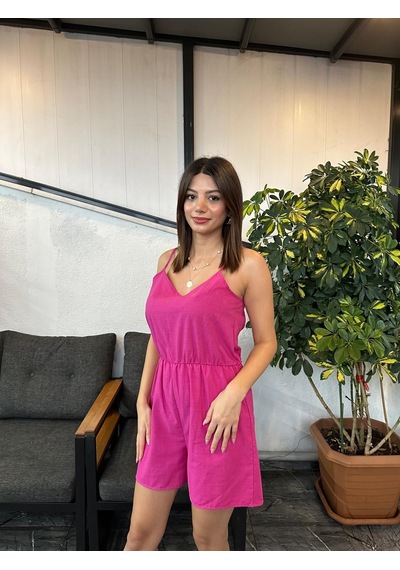 Kadın V Yaka İp Askılı Şortlu/şort Tulum ,kadın V Yaka İp Askılı Tulum Pembe