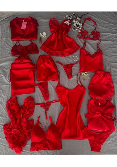 Mh Moony Homewears Kutulu 16 Parça Sırbis Kırmızı Saten Pijama Gecelik Sabahlık Iç Giyim Çeyiz Seti Kırmızı