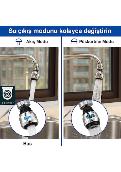 2 Fonksiyonlu Musluk Başlığı, 360 Dönebilir, Akış Ve Püskürtme Modlu, Su Tasarruflu Krom Apara