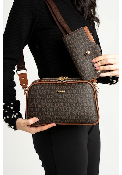 Just Polo Kadın Orta Boy Baskılı Şık Omuz Çantası Ve Cüzdanı Kombin Shopper K232053mh Kahverengi - Taba