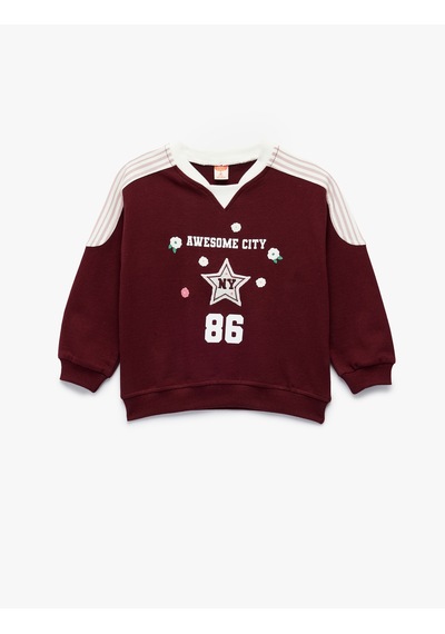 Koton Şardonlu Pamuklu Uzun Kollu Renk Kontrastlı V Yaka Baskılı Sweatshirt Bordo 6wmg10084ak Bordo