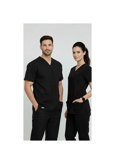 Tek Üst Siyah Unisex Doktor Ve Hemşire Forması Scrubs Likralı Yarasa Kol