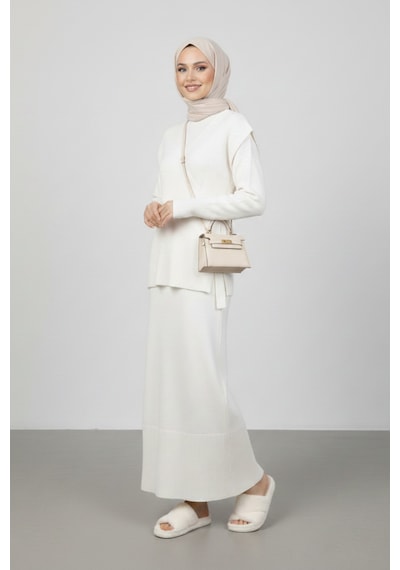 Defymoda Kadın Krem Modest Triko Tunik Elbise Takım Kremrengi