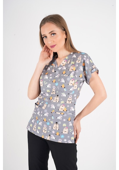 Unisex Snack Time Desenli Doktor Hemşire Hastane Aşçı Mutfak Scrubs Tek Üst Üniforma Gri