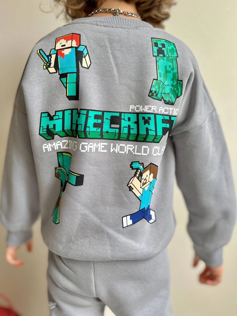 Miniko Kids Erkek Çocuk Minecraft Modelli 3 İplik Şardonlu Eşofman Takımı Gri
