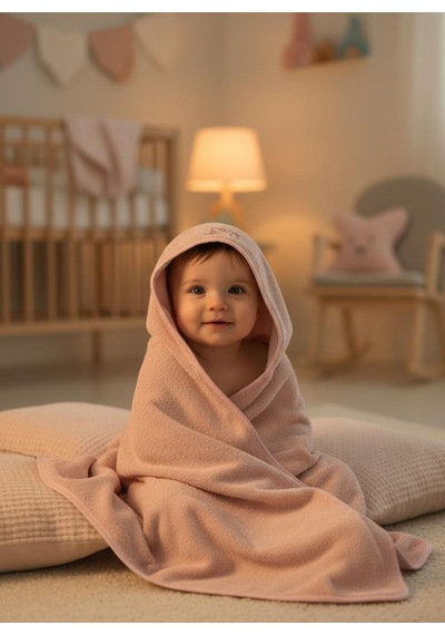 Bambu Antibakteriyel Bebek Nakışlı Havlu Kundak 75x75 Ve Kese Pembe