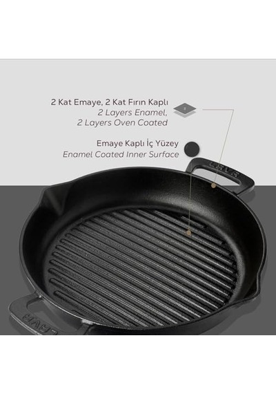 Lava Döküm Yuvarlak Izgara Tava, Metal Kulplu, 32cm, Siyah Genel