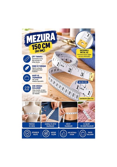 Beyaz Mezura 150 Cm 1 Adet Renkli Meziro Terzi Baş Vüvut Ölçüm Metresi Beden Ölçmek Mezro Çift Yönlü