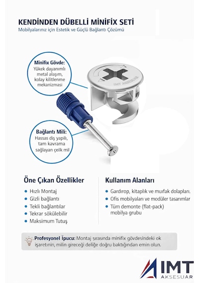 8 Mm Kendinden Dübelli Minifix Gövde Ve Mil Seti - Mobilya Bağlantı Elemanı 50 Parça Metalik