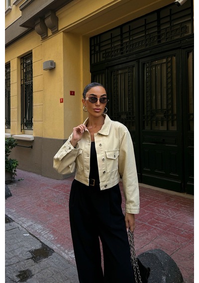 Bej Çift Cep Denim Crop Ceket Bcdf-255419 Çok Renkli