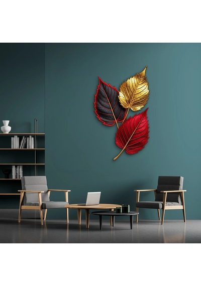 Altın Ve Kırmızı Üç Yaprak - Metal Tablo - Dec0265 48 X 80 Cm Çok Renkli