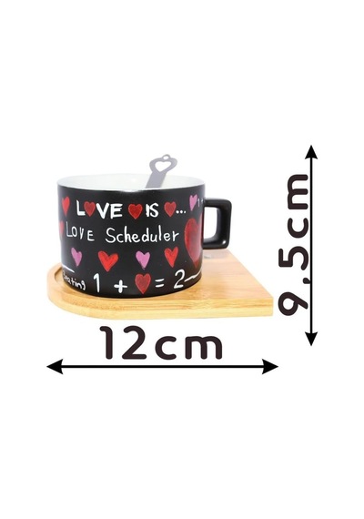 Manyetik Kaşıklı Bambu Zeminli Aşkın Matematiği Kupa Fincan Seti 250 Ml Sevgililer İçin Hediye Siyah