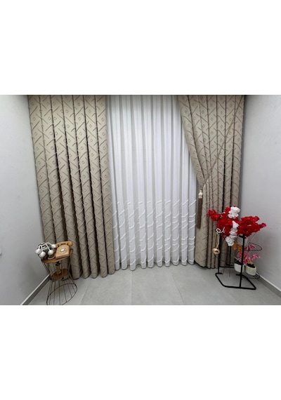 Nivemeshome Ahu 1-0049p Yarı Desenli 1/3 Pileli Tül Perde Apm Ekru