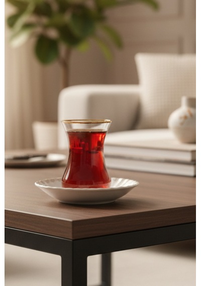 6 Kişilik Emboss Desen Porselen Altın Yaldızlı Çay Takımı 12 Parça Beyaz