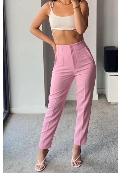 Madmext Pembe Önü Biyeli Yüksek Bel Kadın Pantolon Mg2425 Pembe