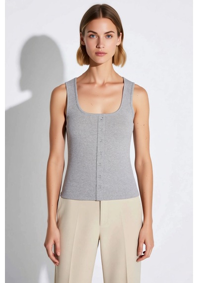 Benerly Kadın Bluz Crop Kare Yaka Kolsuz Fitted Kaşkorse Örme Çıtçıt Deta Gri Melanj