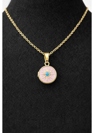 Pembe Mineli Güneş Figürlü Madalyon Kolye Gold