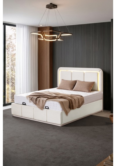 Demonte Baza Seti, Nox Ledli Çift Kişilik Baza Başlık Seti - İkili Set, Krem - 160x200 Cm 160 x 200