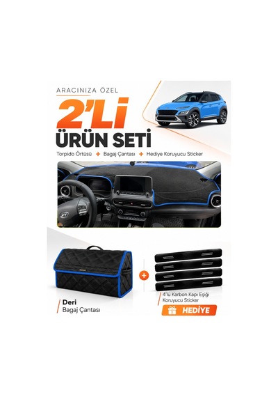 Hyundai Kona 2020-2022 Uyumlu Torpido Örtüsü + Deri Bagaj Çantası + Sticker Seti - Siyah Mavi
