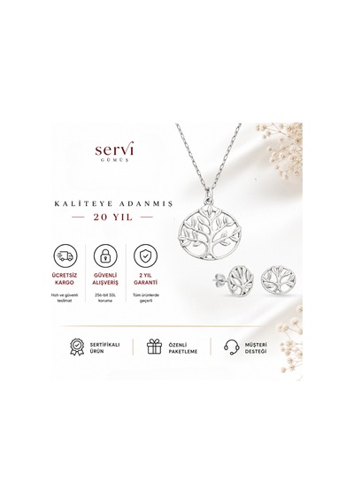 Servi 925 Ayar Gümüş Minimal Hayat Ağacı Kolye Ve Küpe Seti-332