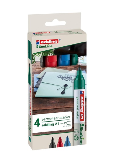 Edding 21 Ecoline Permanent Markör, 4'lü Set, Karışık Renkler, Yuvarlak Uç, Yeniden Doldurulabilir Genel