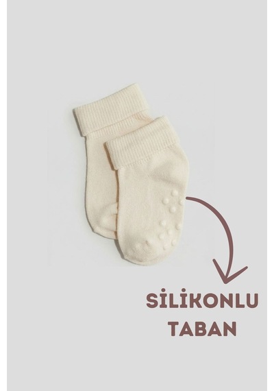 Cnt Erkek / Kız Bebek Kaydırmaz Taban Pamuklu Yumuşak Çorap 12 Li Paket Ekru Ekru