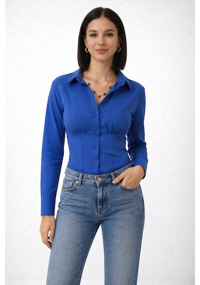 Trend Alisse Kadın Saks Mavi Vucuda Oturan Beli Lastikli Korse Crop Gömlek