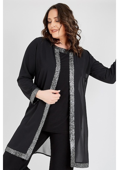 Ladies First Büyük Beden 3717 Siyah Gümüş Ceket+Bluz Ikili Takım