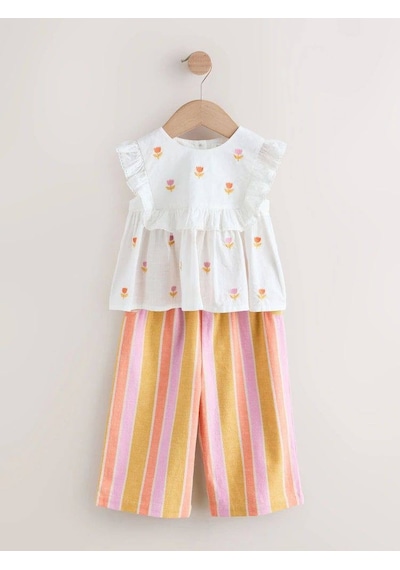 Miniko Kids Kız Çocuk Çiçek Desenli Pantolonlu Takım Ekru