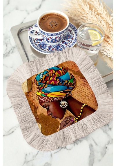 Afrika Esintili Saçaklı Sunum Peçetesi - Etnik Portre Bohem Sarı Mavi Krem Kahve Yanı Sunum Mendili Çok Renkli