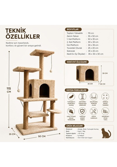 Çok Katlı Kedi Tırmalama Evi, 115 Cm Yüksek Geniş Salıncaklı Komple Kumaş Kaplı 1 Büyük Yuvalı 2 Oturaklı K