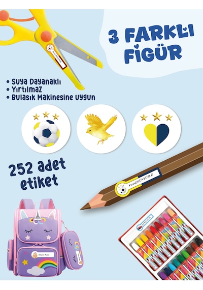 Okul Etiketi Kalem Defter Etiketi Sarı Lacivert Takım Temalı Özel İsim Yazılabilen Etiket - 252adet