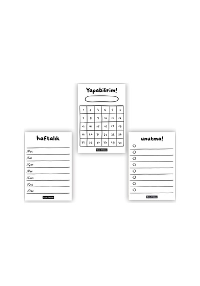 Minimal Plan 3lü Set, 3 Adet A7 Boyut, Mini Tutkallı Bloknot, Not Kağıdı, Herbiri 50 Yaprak