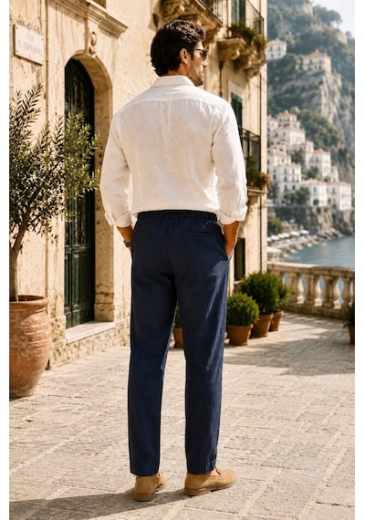 Danger Erkek Pamuk Viskon Kumaş Keten Görünümlü Lacivert Slim Fit Pantolon - 216dngr