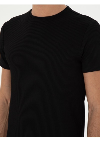 Siyah Slim Fit Çizgi Dokulu Bisiklet Yaka T-shirt