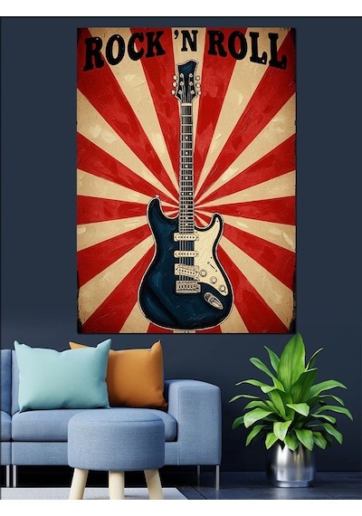 Ahşap Tablo Kırmızı Beyaz Retro Fonlu Roc'n Roll Gitarı