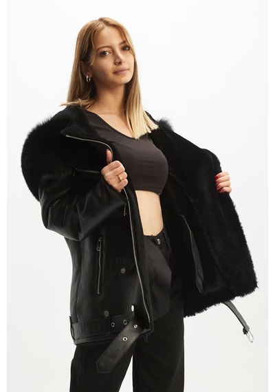 M M Marki Marki Hakiki Deri Mont, Kapüşonlu, Kemerli Siyah Deri Mont, Rüzgar Dayanıklı, Oversize - 101322