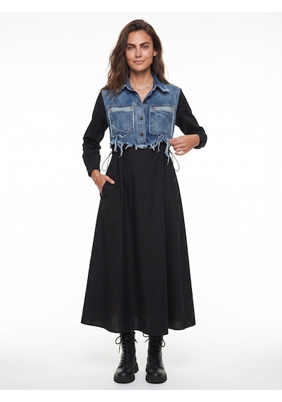 Onloox Kadın Siyah Siyah Denim Garnili Uzun Kollu Gömlek Yaka Kloş Kesim Belden Büzgülü Cepli Maxi Elbise Onloox Kadın Siyah Siyah Denim Garnili Uzun Kollu Gömlek Yaka Kloş Kesim Belden Büzgülü Cepli Maxi Elbise