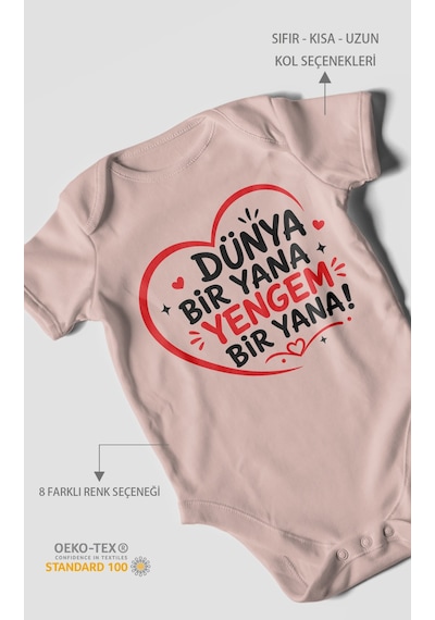 Morivokids Dünya Bir Yana Yengem Bir Yana Kısa Kollu Bebek Body %100 Pamuk Pastel Pembe