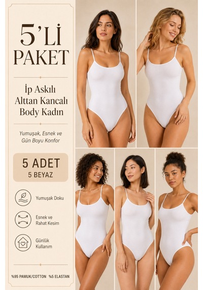Loule Kadın 5'li %95 Pamuklu İnce Askılı Alttan Kancalı Body Beyaz