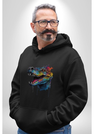 Timsah Renkli Kafası Kadın Erkek Siyah Kapüşonlu Sweatshirt Hoodie Siyah