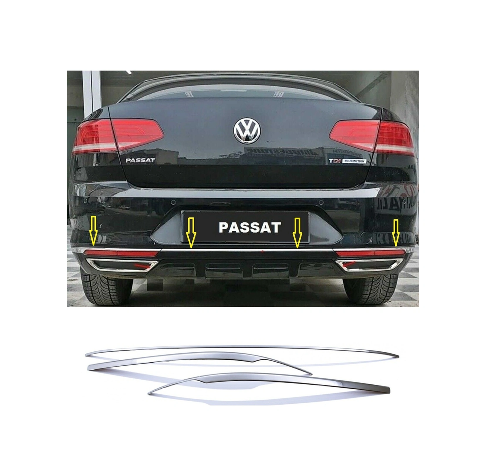 Ueskrom Vw Passat B8 2015-2019 Arası Krom Arka Tampon Alt Çıta 3 Prç P.çelik Uyumlu