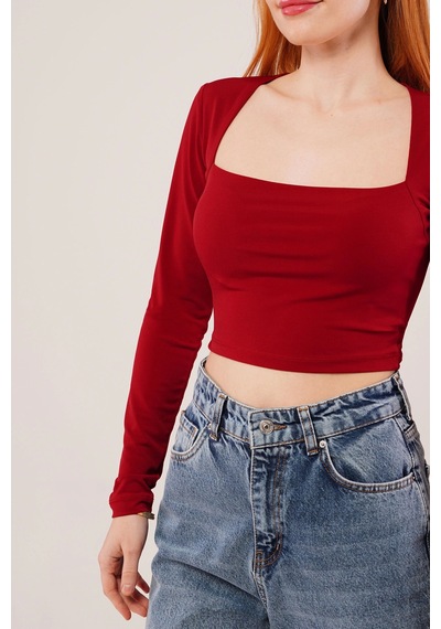 Defymoda Kare Yaka Basic Bordo Bluz Bordo