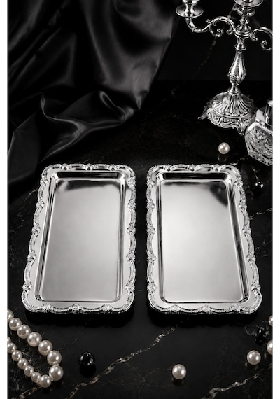 Jasper Nova Silver 2'li Paslanmaz Çelik Gümüş Çerçeve Kahve Sunum Tepsisi Baton 33x17 Cm Gri - Gümüş