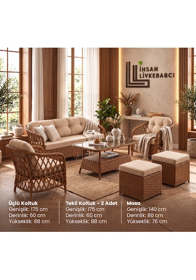 Rattan Bahçe Ve Balkon Takımı Elora Model 3+1+1 Kahverengi - Krem